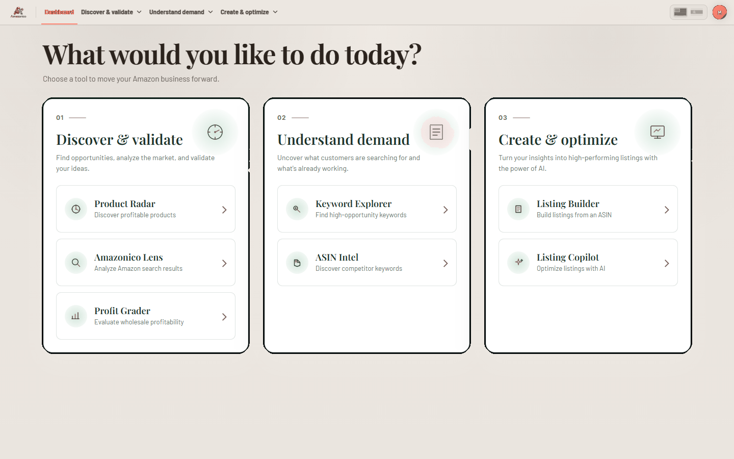 FBA Atlas dashboard with product research, keyword, ASIN, and listing tools